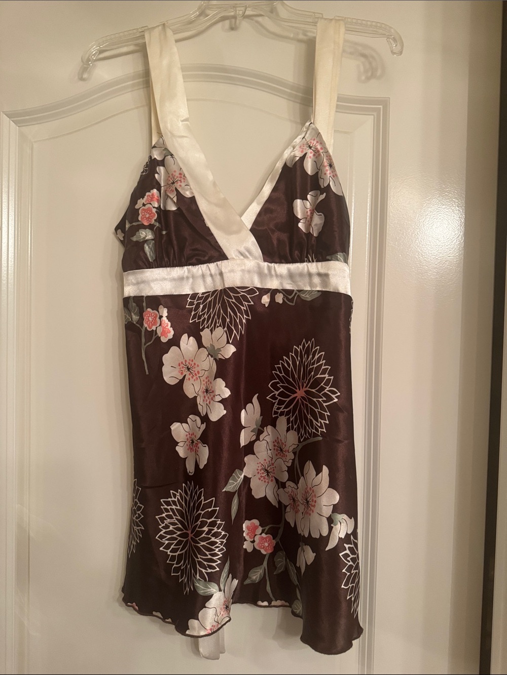 Tempted Hearts Brown Floral Satin Chemise with Cream Accents